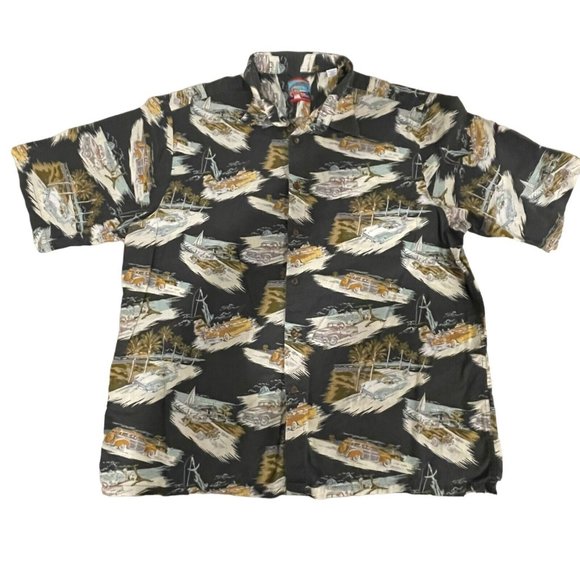 Joe Kealuha’s Reyn Spooner Mens Hawaiian Shirt 2XL Black Car Print Short Sleeve - Picture 1 of 9
